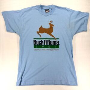 Vintage Single Stitch 1991 Buck A Rama Blue Short Sleeve Shirt 90s Retro Size L